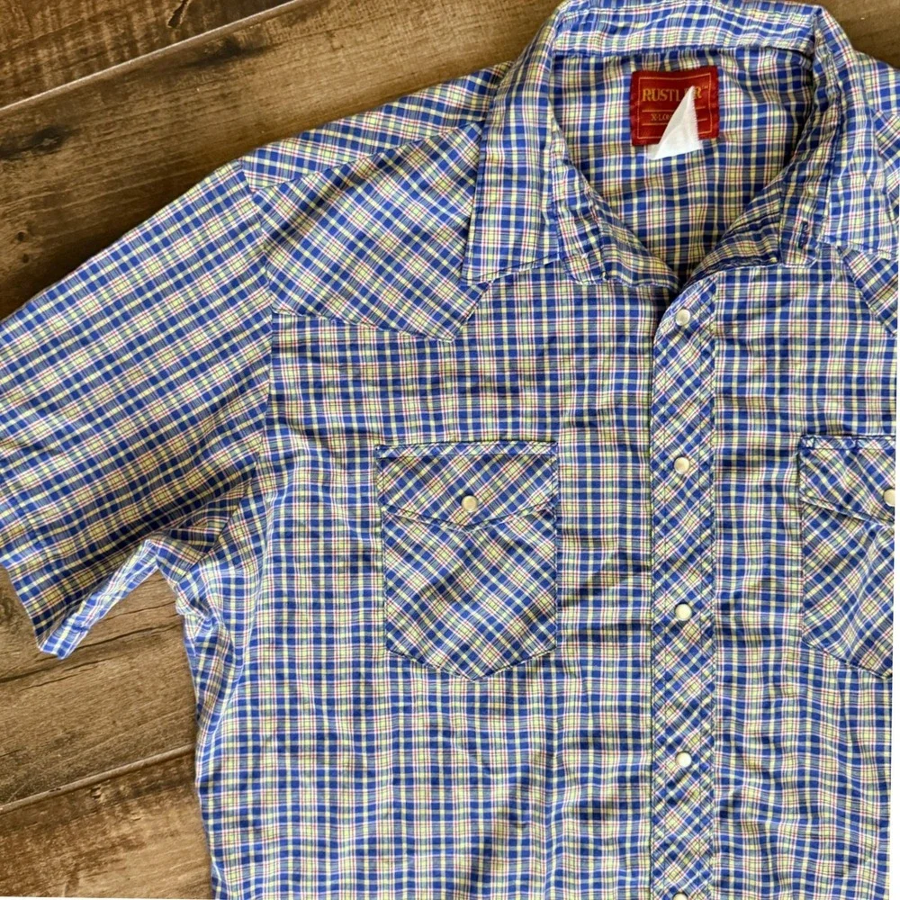 Wrangler Rustler‎ VTG Western Plaid Single Stitch Snap SS Shirt,Blue Yellow,XLT